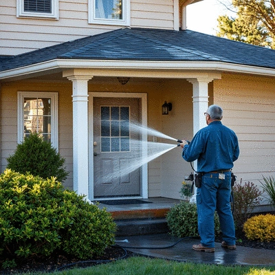 User using pressure washing service on exterior of a house