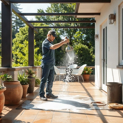 Soft washing process being performed on a patio