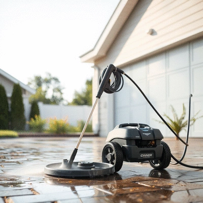Pressure washer in action cleaning a driveway